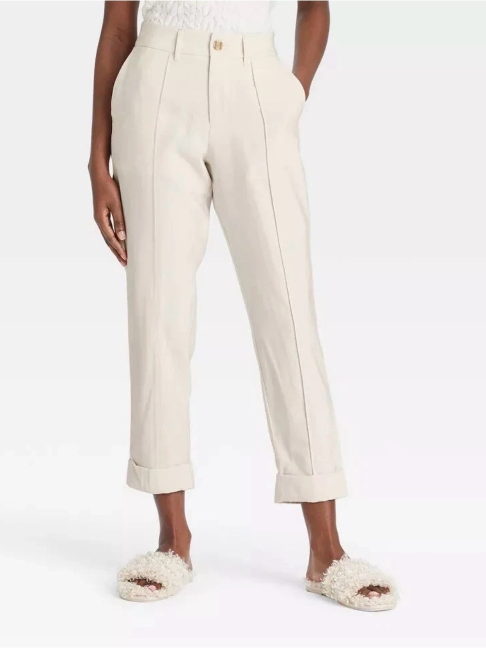 Women's High-Rise Slim Straight Leg Pintuck Ankle Pants A New Day Cream Size 6